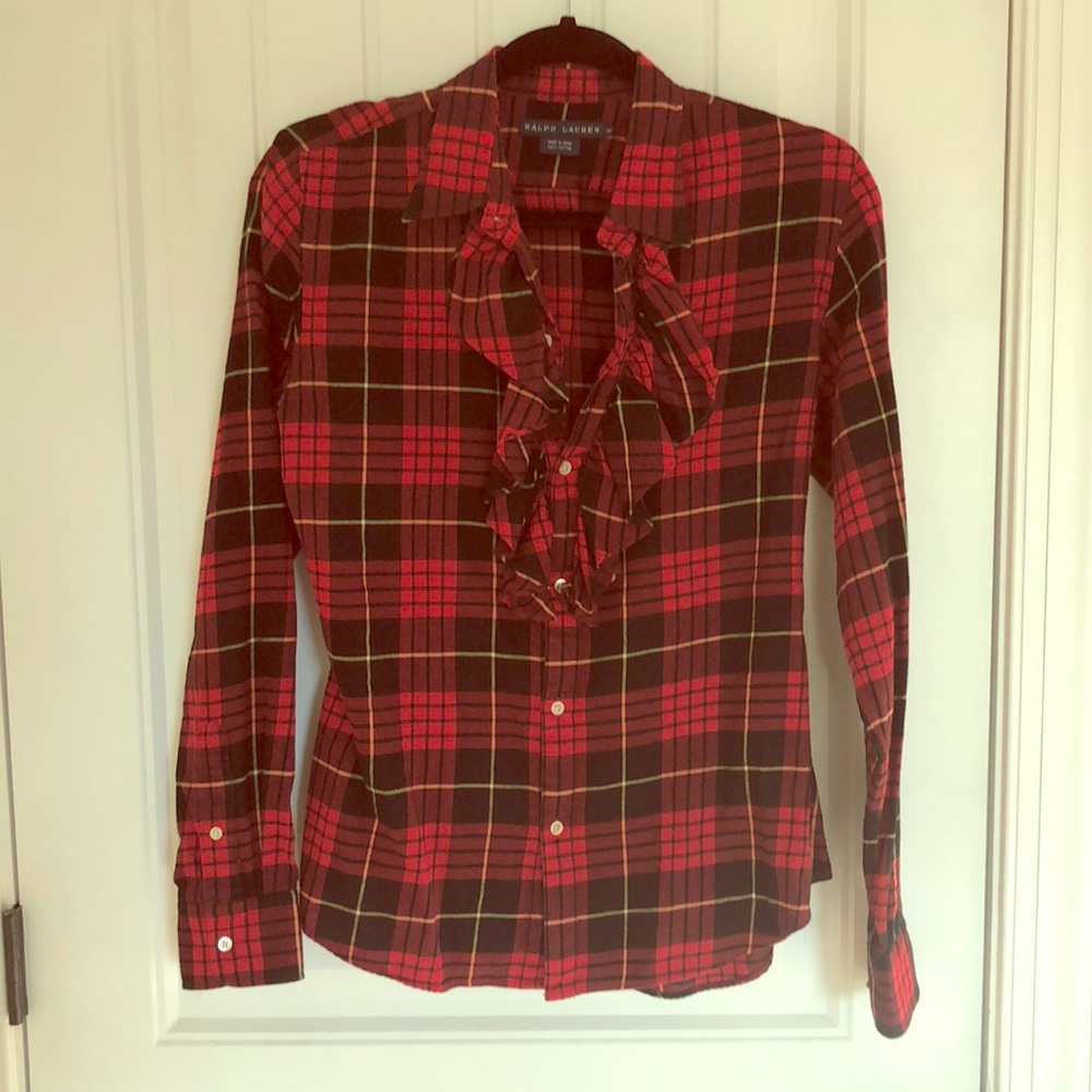 Plaid shirt with ruffle neckline
